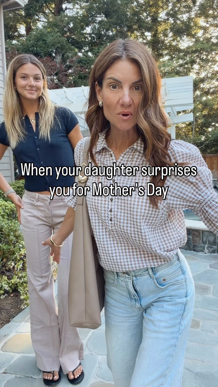 My daughter surprised me early for Mother’s Day 🥹 so we headed to dinner and wore a few of our favorite pieces from the Anthropologie sale.

I’m wearing the cutest gingham blouse with wide-leg white jeans that have a frayed hem. The jeans do run long — I’m 5’7” and wearing the petite length. Styled with ballet flats and a cute bag.

Grace is wearing a short sleeve cardigan with flare jeans and flip-flops — such an easy effortless look for spring and summer.

Use code LESLIE20 for 20% off purchases of $100+ at @anthropologie