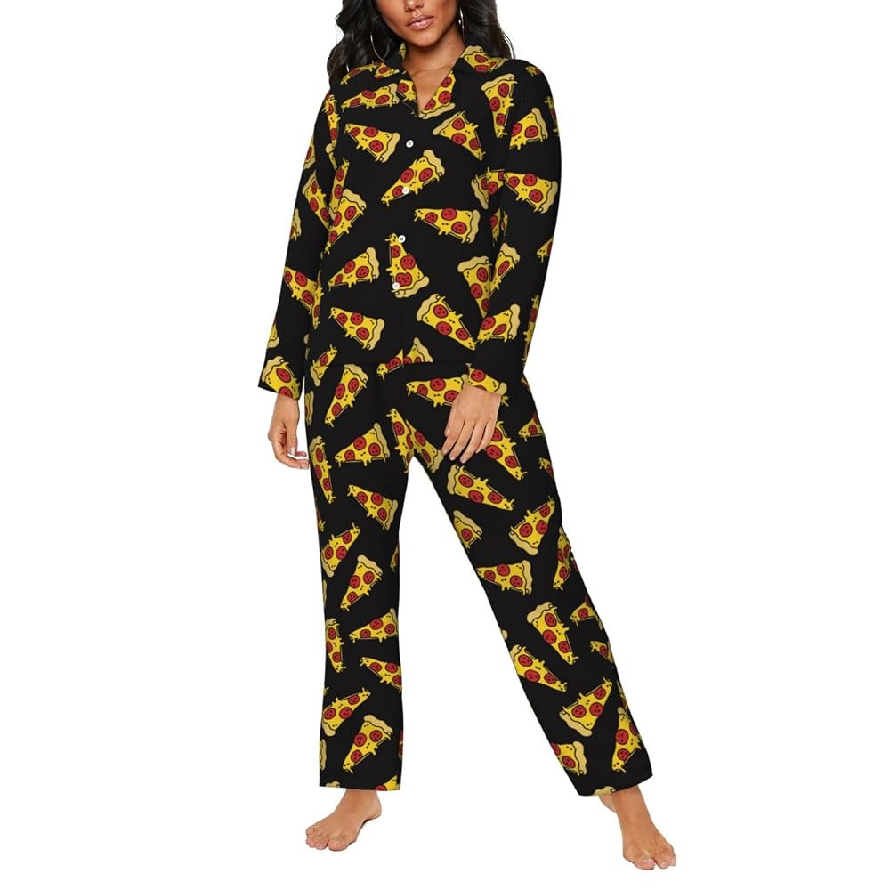 Pajamas for Women Set - Cute Pizza Black Nightwear Sleepwear Pjs Lounge Sets for Women with Pocke... | Amazon (US)