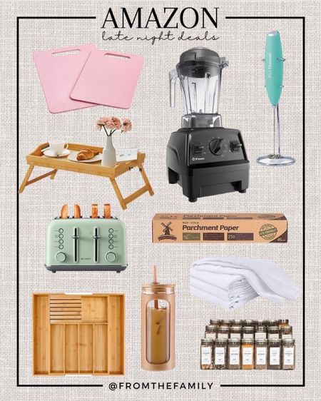 Favorite kitchen finds from Amazon 
Pink cutting mats
Vitamix blender
Milk frother
Bed tray
Cute mint toaster 
Parchment paper
Flour sack towels
Silverware drawer organizer
Glass iced coffee cup 
Spice jar labels on 