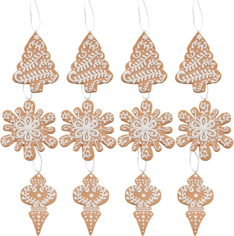 AuldHome Gingerbread Cookie Christmas Ornaments (Set of 12); Large Tree, Snowflake and Finial Sha... | Amazon (US)