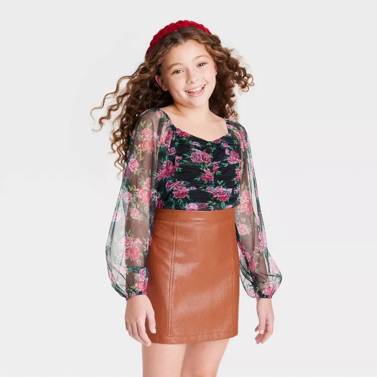 Girls' Ruched Mesh Long Sleeve Top - art class™ | Target