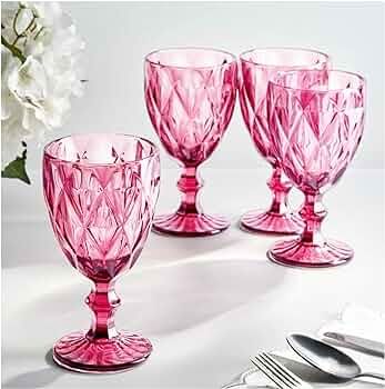 Vintage Wine Glasses Set of 4, Plastic Reusable 12 Ounce Colored Water Goblets, Unique Embossed P... | Amazon (US)