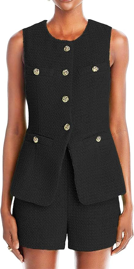 Women's 2025 Spring Long Tweed Vest Y2K Fashion Sleeveless Single-Breasted Fully-Lined Elegant Ca... | Amazon (US)