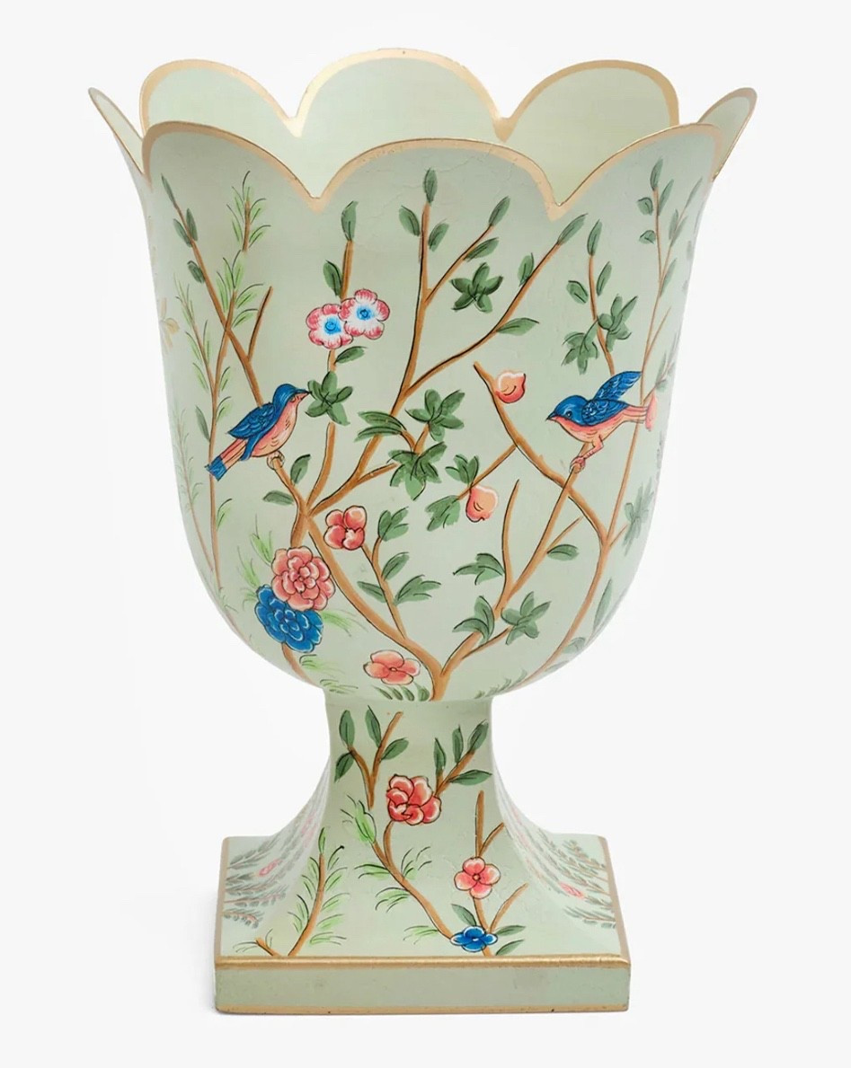 Add charm to your home with this green chinoiserie tole urn vase! The beautiful scalloped trim combined with the elegant chinoiserie pattern sets the stage for a beautiful floral arrangement!

#LTKHome #LTKSeasonal
