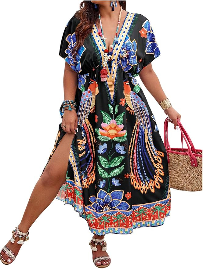 Floerns Women's Plus Size Tribal Print Dolman Sleeve Slit Summer Maxi A Line Dress | Amazon (US)