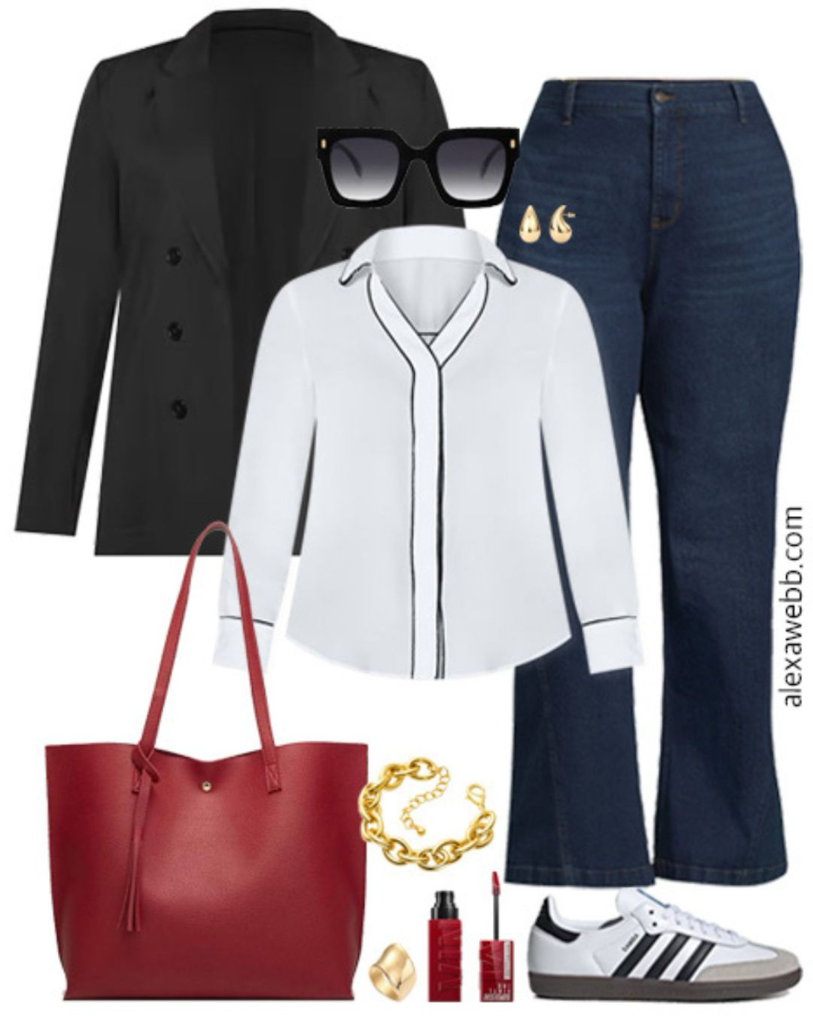 Plus Size Teacher Outfits 2024 - Part 1 - A plus size business casual outfit for teachers heading back to school this fall. A plus size black blazer, blouse, trouser jeans, sneakers, and a red tote bag. Alexa Webb

#LTKPlusSize #LTKStyleTip #LTKShoeCrush