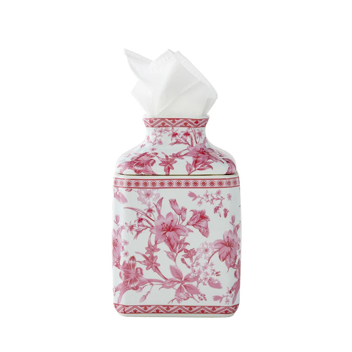 Square Chinoiserie Tissue Holder in Pink & White | Caitlin Wilson Design