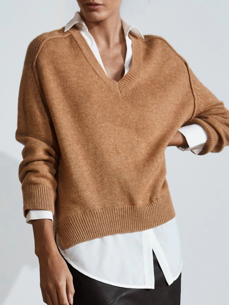 Brochu Walker | Women's V-neck Layered Pullover Sweater in Camel with White | Brochu Walker