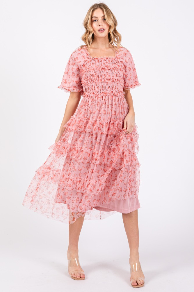 Pink Floral Tulle Smocked Ruffle Tiered Midi Dress | PinkBlush Maternity