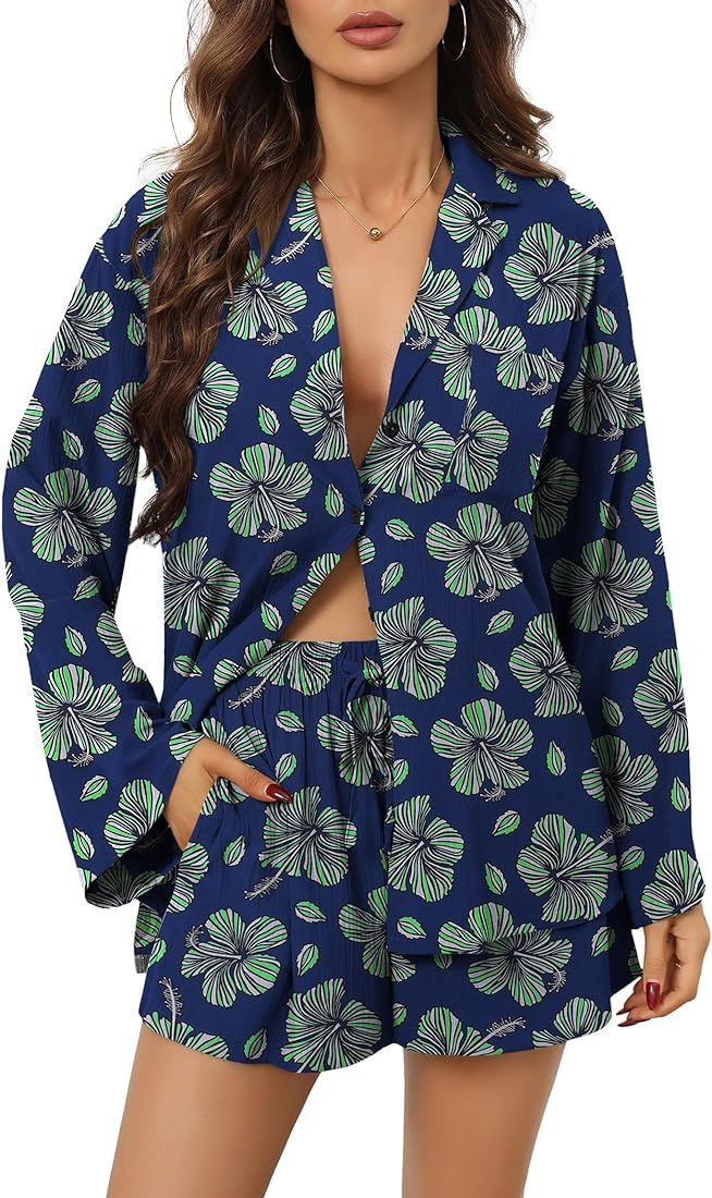 Ekouaer Women Pajamas Set Oversized Notch Neck Loungewear Button Down Shirt and Shorts Casual Pjs... | Amazon (US)