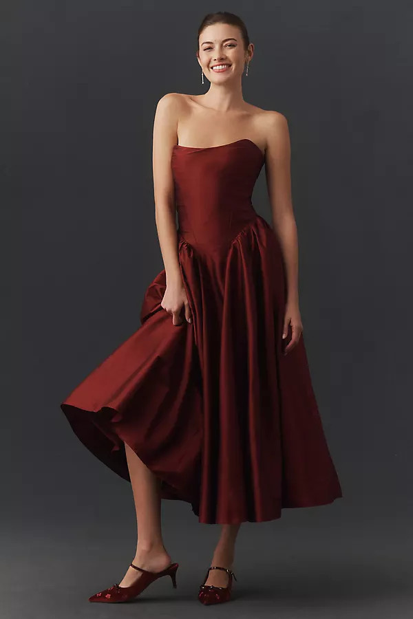 Strapless Basque-Waist A-Line Midi Dress | Anthropologie (US)