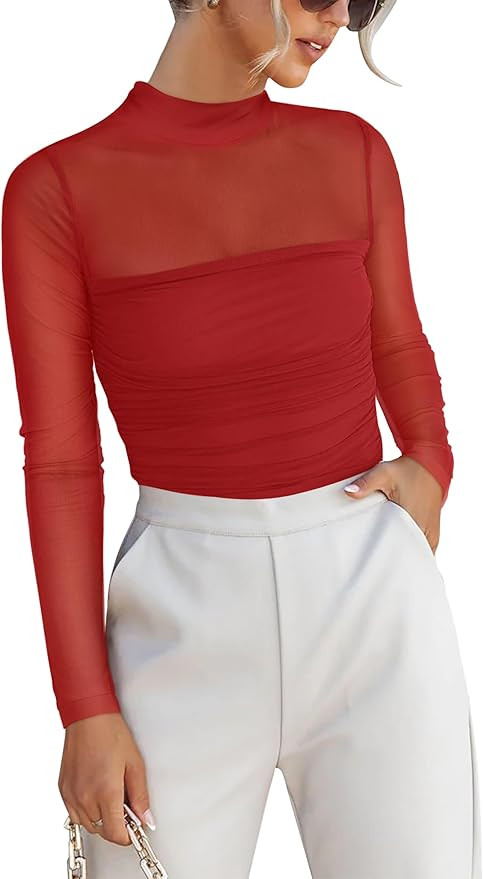 ANRABESS Womens Sexy Mesh Long Sleeve Shirts Trendy Mock Neck Sheer Ruched Going Out Tops Fall Sl... | Amazon (US)