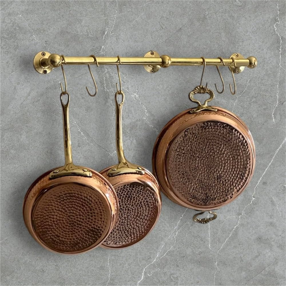 Unlacquered Brass Pot Rack with S-Hooks – Vintage Wall Mounted Hanging Pot Rail, Handmade Rusti... | Amazon (US)