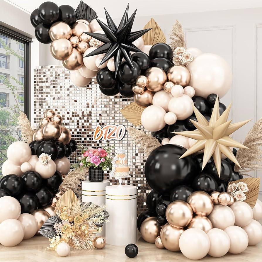 Black Gold Balloon Arch Kit,Sand White Balloon Garland with Star Foil Balloons Metallic Champagne... | Amazon (US)