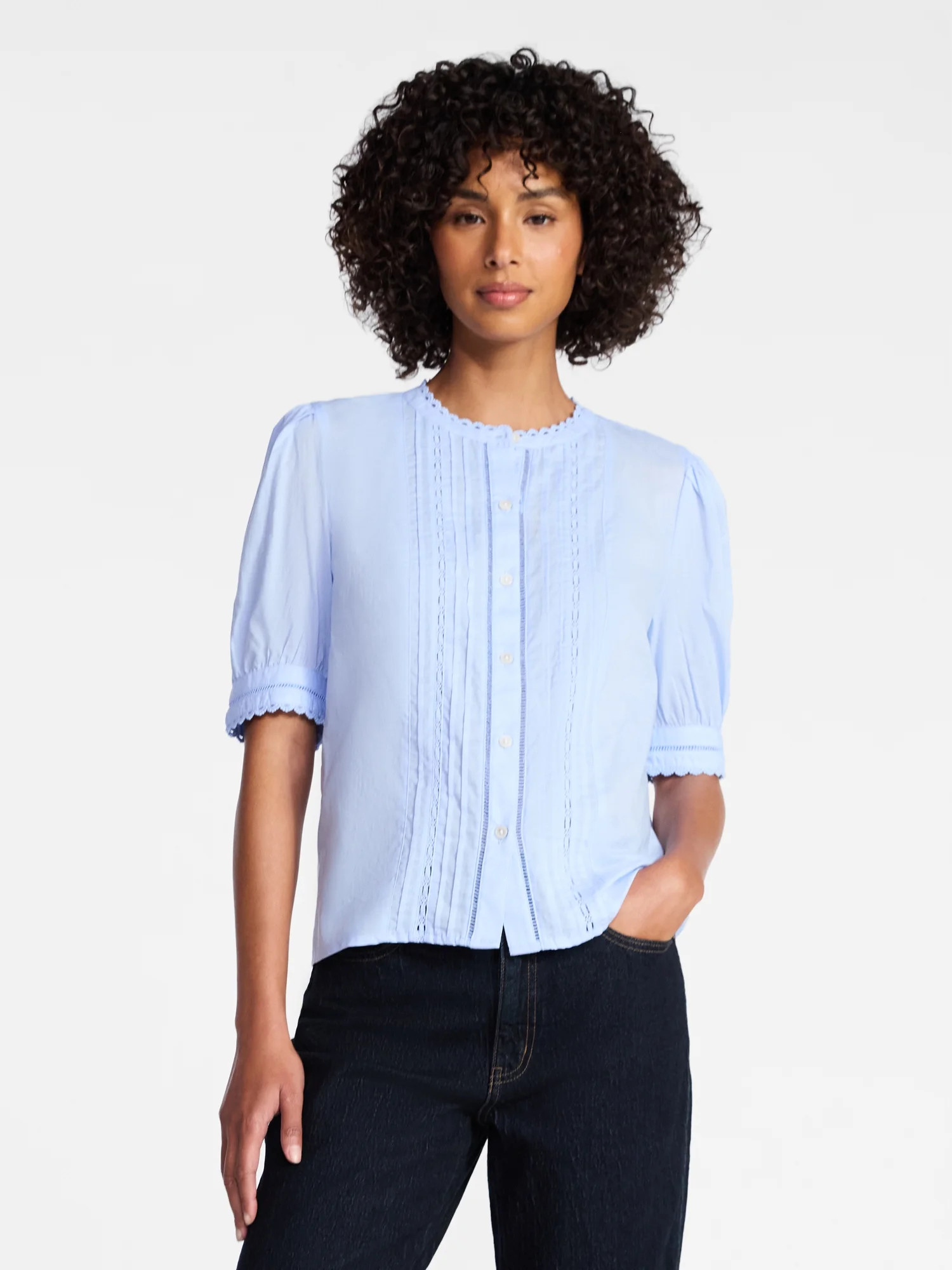 Time and Tru Women's and Women's Plus Cotton Lace Inset Blouse with Elbow Length Sleeves, Sizes X... | Walmart (US)