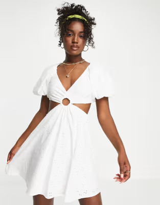ASOS DESIGN broderie volume sleeve mini cut out dress in white | ASOS (Global)