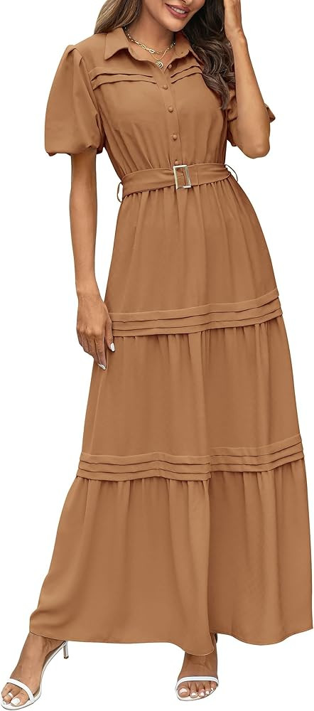 PRETTYGARDEN Women's Summer Maxi Dress Puff Short Sleeve Lapel V Neck Tiered A Line Flowy Elegant... | Amazon (US)