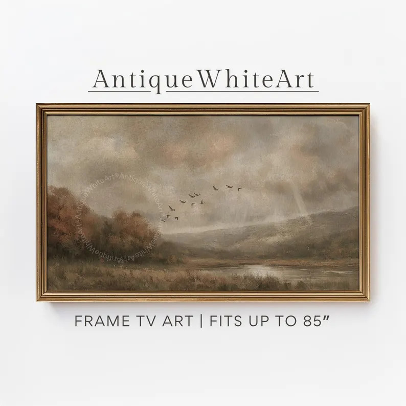 Samsung Frame TV Art, Geese Over Autumn Lake, Vintage Fall Landscape, Digital Download, muted ton... | Etsy (Global)