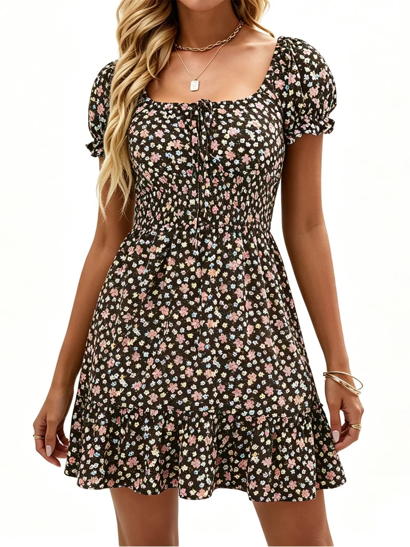 Square Neck Womens Boho Floral Smocked Short Sleeve Ruffle Beach Summer Mini Dress | Walmart (US)