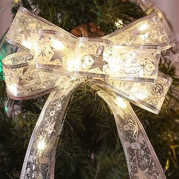 GIHOO Christmas Tree Decorations String Lights 32ft 100 LED Lights Copper Wire Ribbon Bows Lights for Party Weddings Holiday Christmas Tree Decorations (Silvery Warm Light Battery Powered) | Amazon (US)