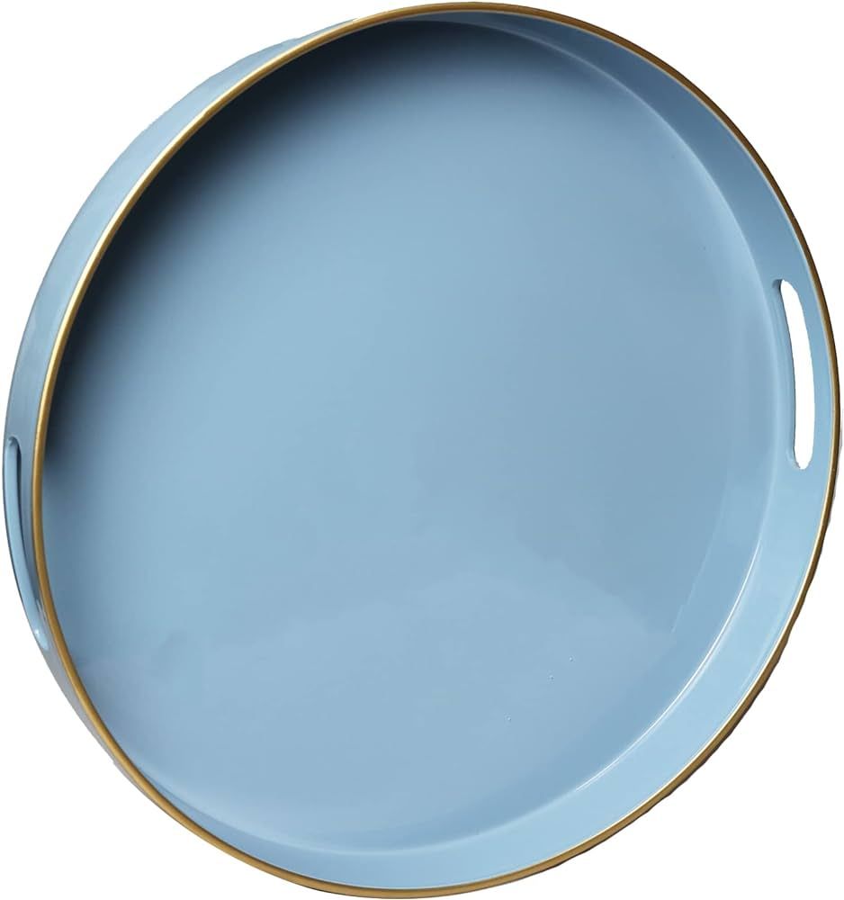 Spsyrine Round Blue Decorative Tray, 13" Plastic Serving Table Tray with Handles for Breakfast, R... | Amazon (US)