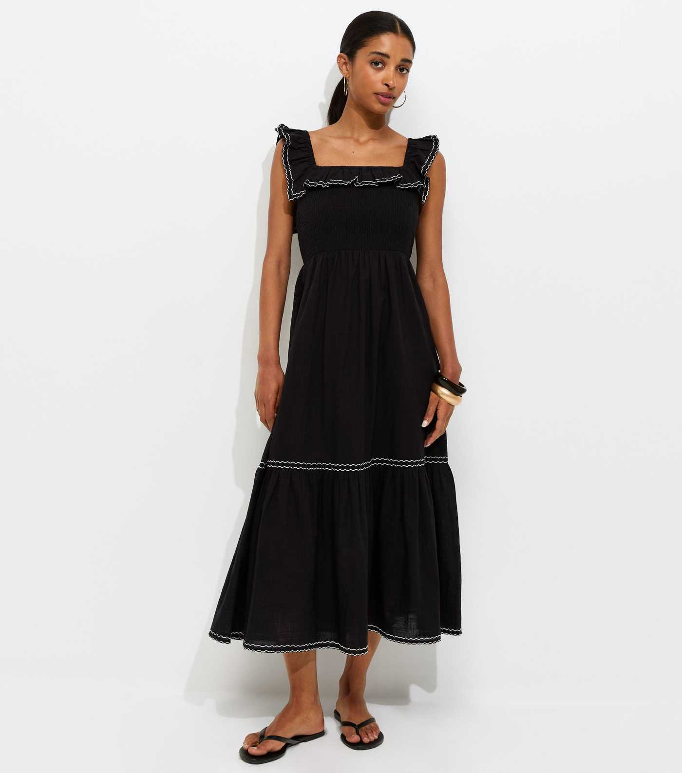 Black Cotton Embroidered Ruffle Trim Midi Dress | New Look | New Look (UK)