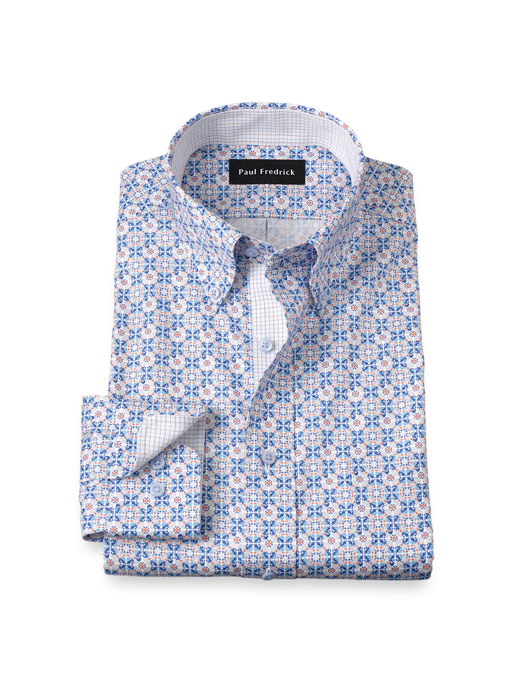 Comfort Stretch Non-Iron Medallion Dress Shirt With Contrast Trim - Blue/melon | Paul Fredrick MenStyle