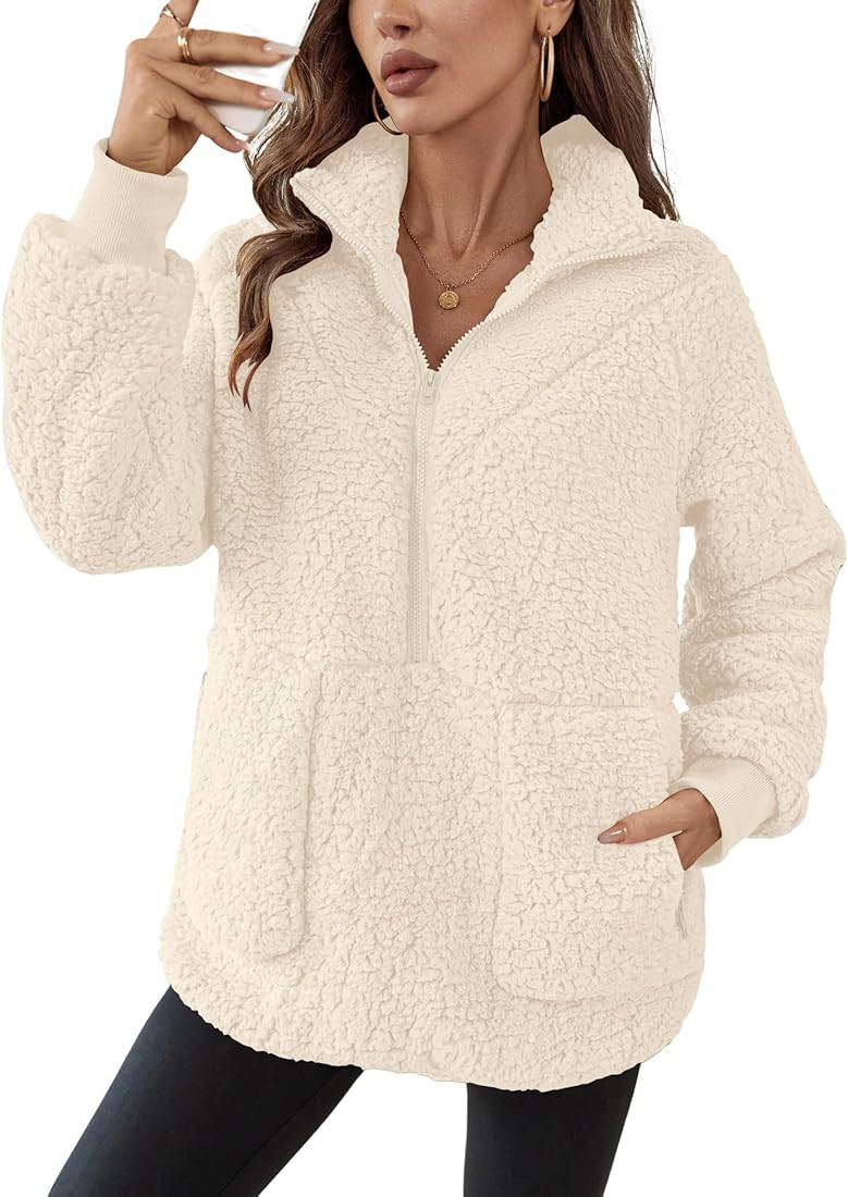 Rapbin Women Half Zip Pullover Long Sleeve Casual Fuzzy Sherpa Fleece Jacket Sweatshirts Winter O... | Amazon (US)