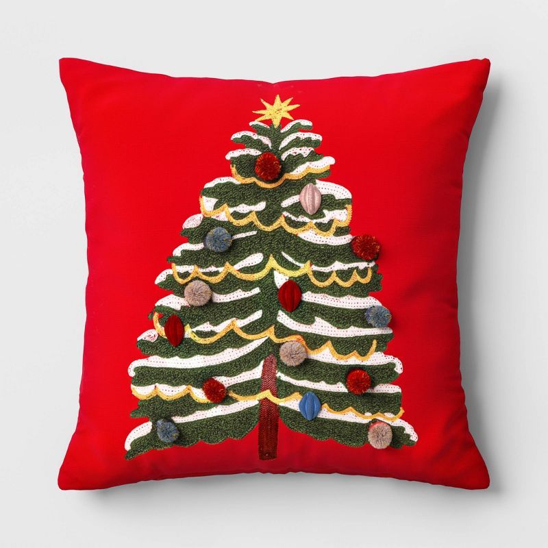 Christmas Tree Embroidered Square Throw Pillow Red - Threshold&#8482; | Target