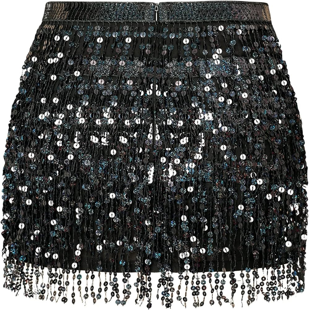 MYMORE Womens Sparkly Sequin Fringe Skirt - Black Rave Concert Disco Space Cowgirl Outfit Glitter... | Amazon (US)