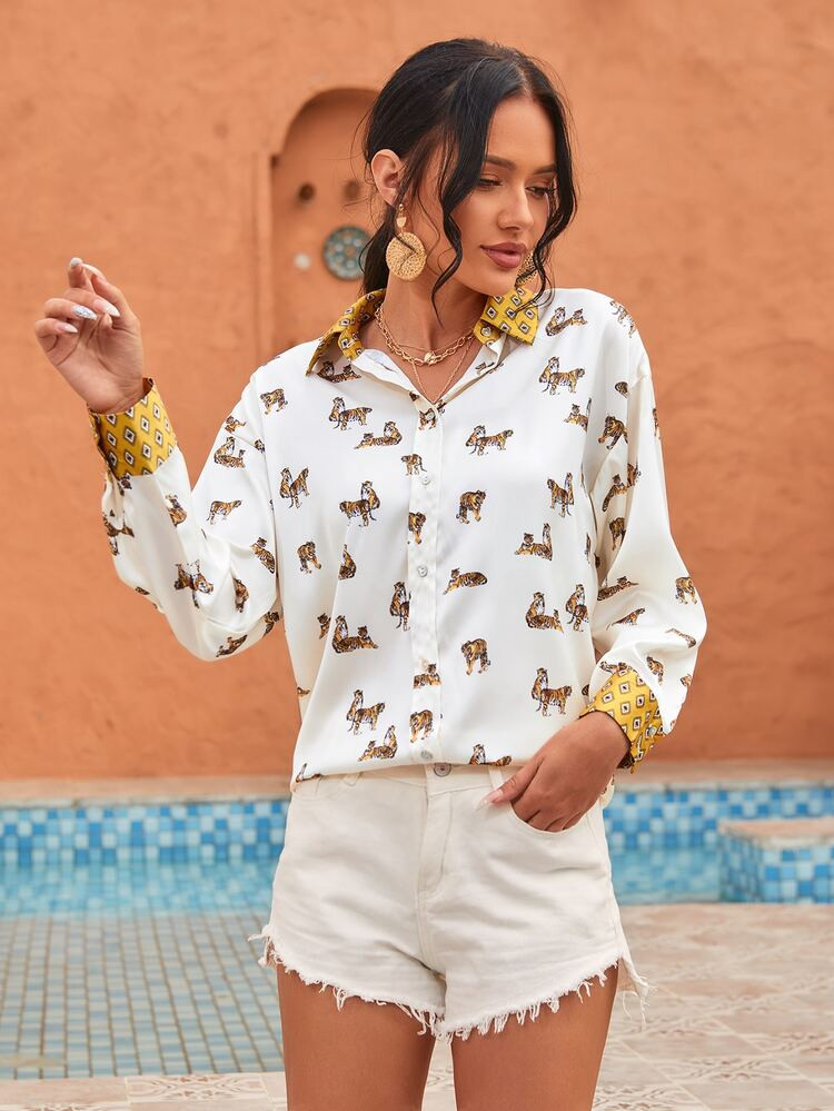 Tiger Print Button Up Blouse | SHEIN