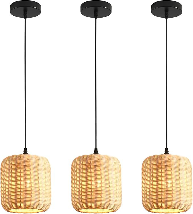 TeruTeru Ji Kaikang 3-Pack Mini Rattan Pendant Light,7.87" Rustic Bamboo Hanging Light Hand-Woven... | Amazon (US)