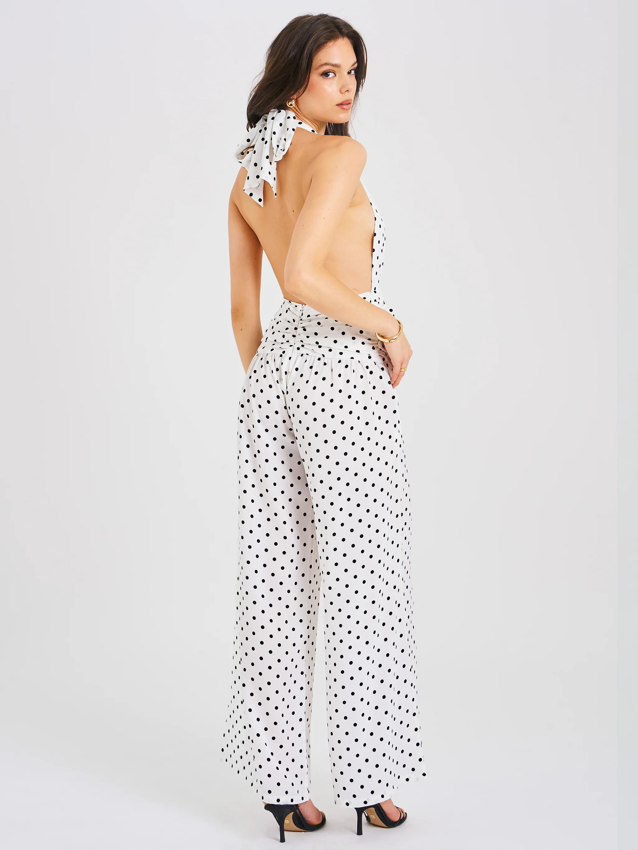 Oriana White Polka Dots Halter Jumpsuit | Miss Circle