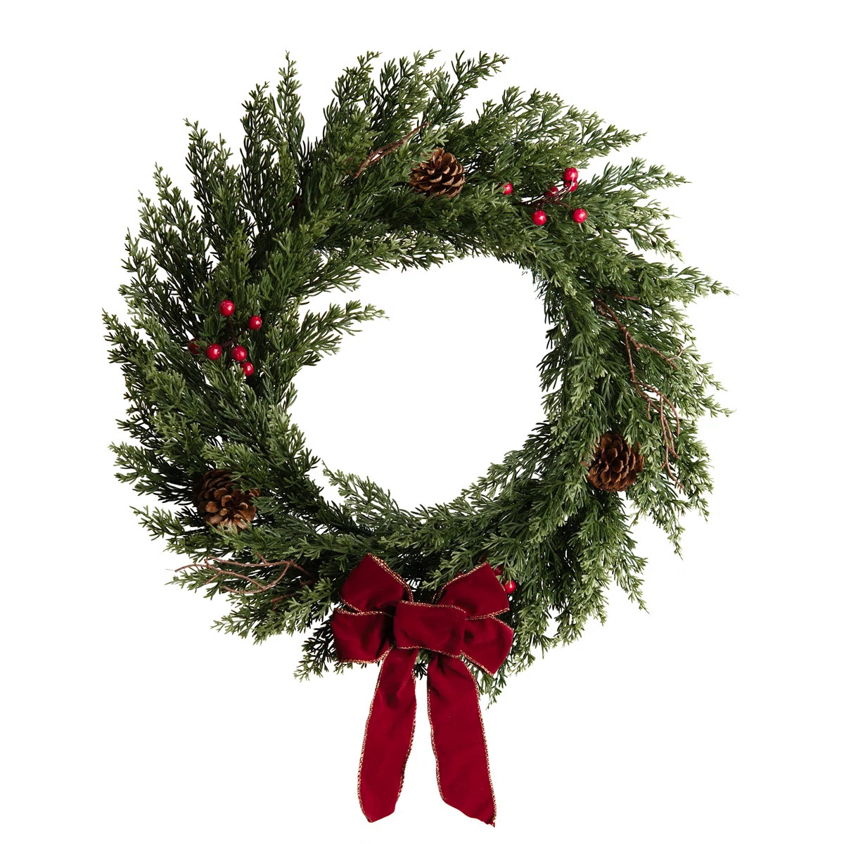 24"Artificial Cypresses Christmas Wreath PE Dripping With Pinecones and Red Berries | Wayfair North America