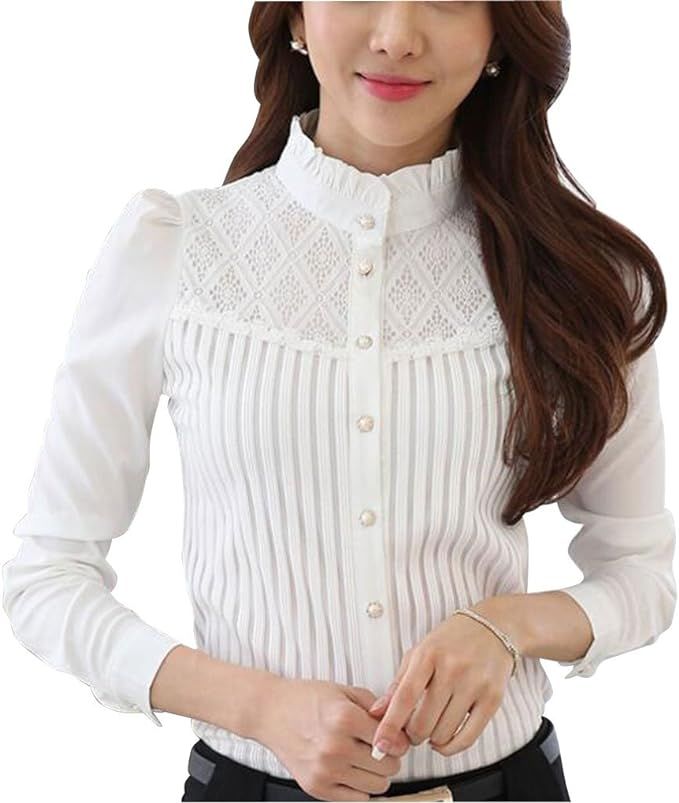Womens Vintage Collared Button Down Shirt Long Sleeve Lace Stretch Blouse | Amazon (US)