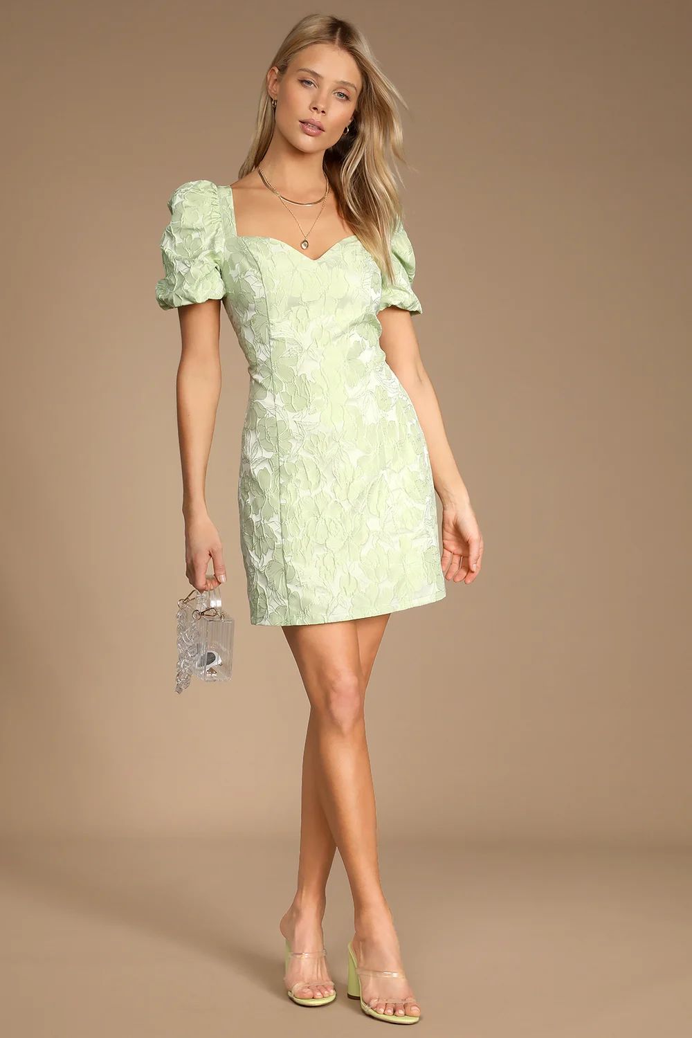 Beyond Amazing Light Green Floral Jacquard Puff Sleeve Dress | Lulus