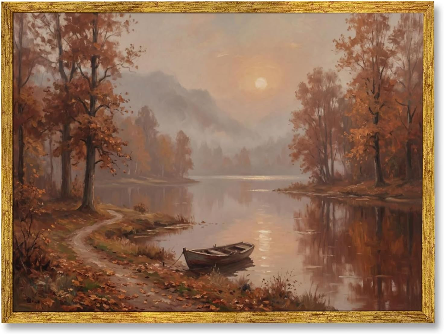 Rustic Fall Sunset Canvas Wall Art Print Autumn Lake Landscape Painting Forest River Scenery Picture Decor Farmhouse Artwork Country Home Decoration for Cabin Living Room 24x36inch Golden frame | Amazon (US)