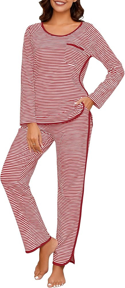 Womens Cotton Pajama Sets Stripe 2 Piece Lounge Set Long Sleeve Comfy Pj Sets Fall Loungewear Sle... | Amazon (US)