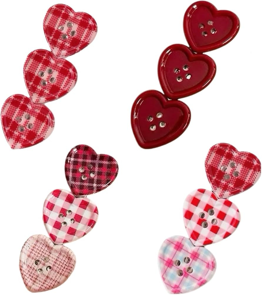 4Pcs Y2K Heart Hair Clips for Girls Women Cute Plaid Button Barrettes Sweet Aesthetic Hair Access... | Amazon (US)