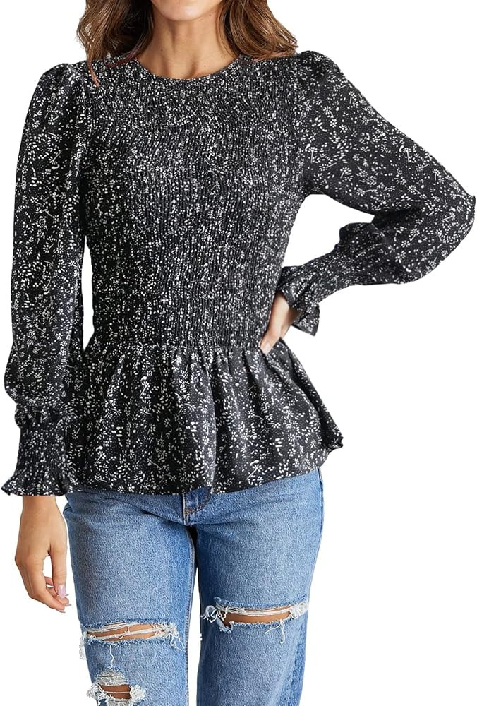 PRETTYGARDEN Women's Tops Casual Long Sleeve Crewneck Floral Print Smocked Ruffle Hem Slim Babydo... | Amazon (US)