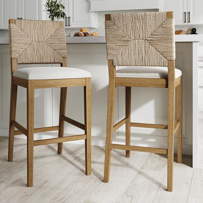 Nathan James Beacon Bohemian Boucle Bar Stool with Back, Bar Height Kitchen Island Chair, Seagras... | Amazon (US)