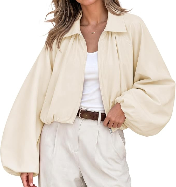 Womens Oversized Bomber Jackets Puff Sleeve Pleated Cropped Coats | Amazon (US)