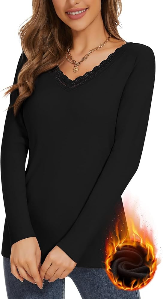 WOWENY Womens Long Sleeve Thermal Shirts V Neck Lace T Shirts Underwear Tops Basic Fitted Tees | Amazon (US)