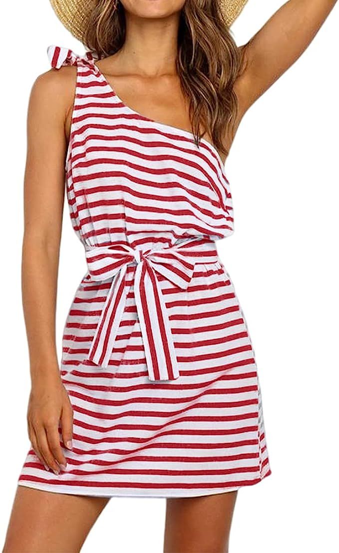 Kaxindeb Women's Causal Striped T Shirt Dress Sleeveless One Shoulder Tie Waist Beach Mini Dress | Amazon (US)