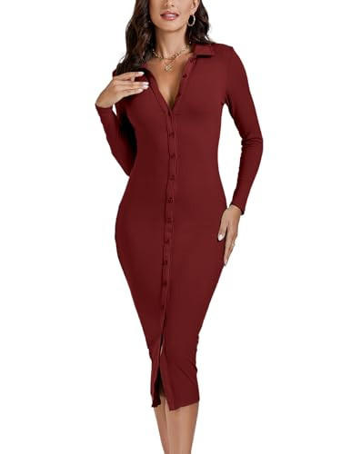 LYANER Women's Ribbed Knit Button Down Collar V Neck Long Sleeve Bodycon Midi Dress Burgundy X-Large | Amazon (US)
