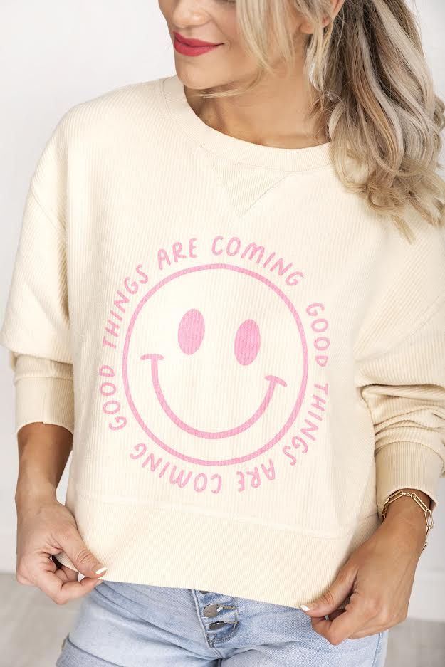 Good Things Are Coming Cropped Corded Cream Graphic Sweatshirt | Pink Lily