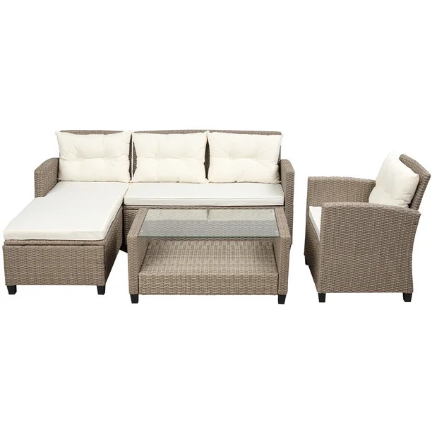 Rattan Patio Sofa Set, 4 Pieces Outdoor Sectional Furniture Set, All-Weather PE Rattan Wicker Pat... | Walmart (US)