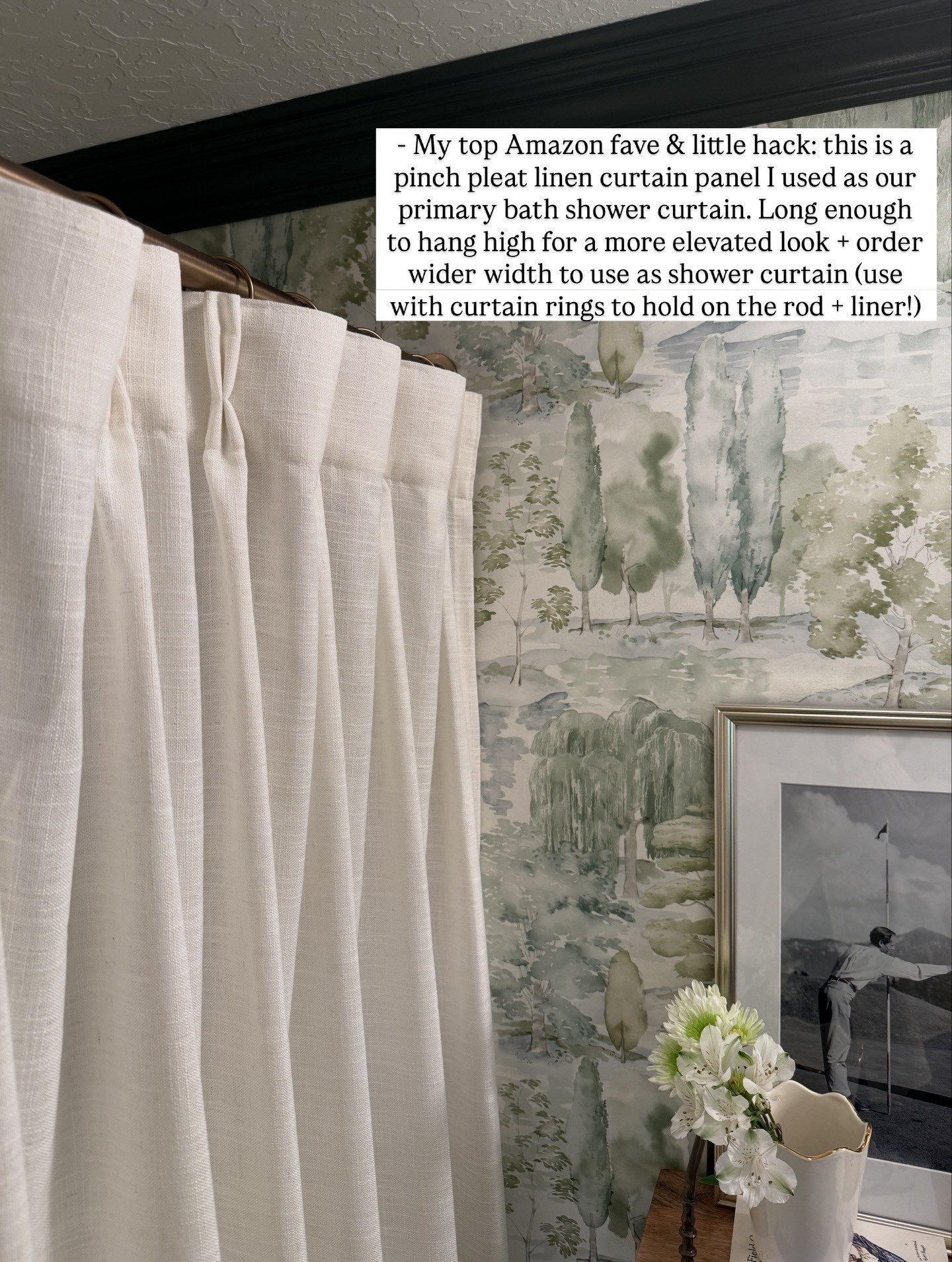 White ivory, beige white linen shower curtain. My best home tip is to use a longer and wider actual curtain panel for a shower curtain. These are some of my most sold & budget friendly curtains on Amazon and have used many many times in my home and of course same here as our primary bathroom shower curtain. ￼

Amazon curtains - white linen curtains - affordable pinch pleat curtains 

#LTKHome