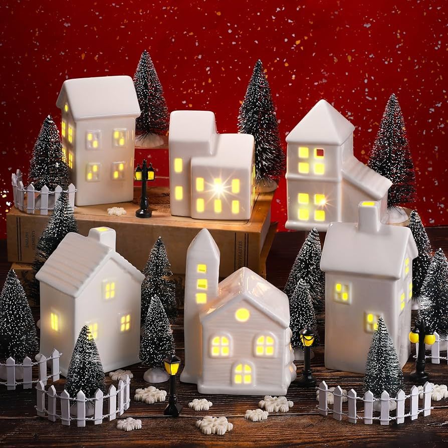 Fovths 39 Pieces Ceramic Christmas Village Sets Lighted LED Christmas Village Houses with Tree Xm... | Amazon (US)