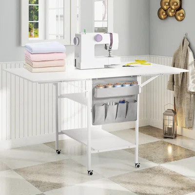Foldable Craft Table With Storage, Movable Sewing Table With 2 Shelves & Side Pocket, Home Hobby Folding Table For Craft Room, Fixed Height, White | Wayfair North America